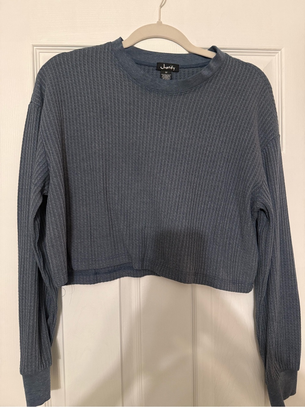 Blue Ribbed Cropped Long-Sleeve Top